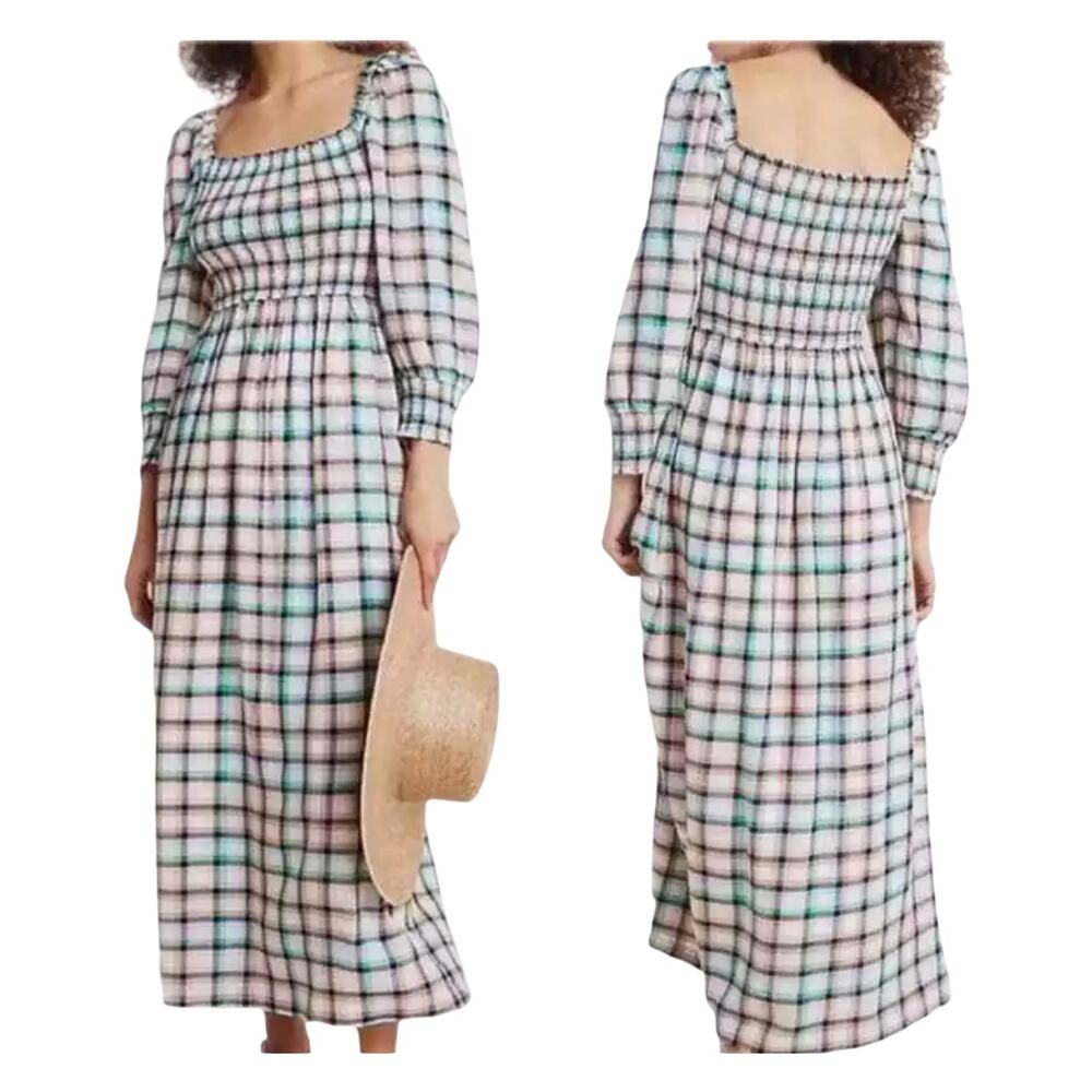 Anthropologie S Maeve Cerie Smocked Plaid Print Long Sleeve Midi Dress Milkmaid